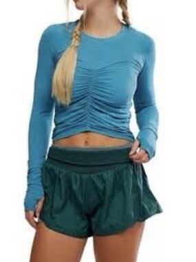Free People Teal Blue Ruched Long-Sleeve Crop Top